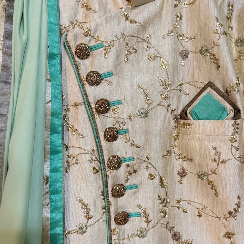 Cream and Sea Foam embroidered Sherwani - Picture 3 of 5